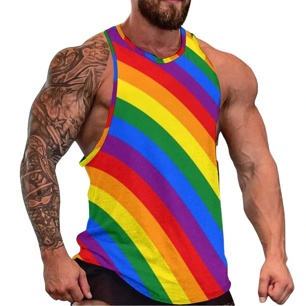Pride Inspired Rainbow Tank Top Male Pride Flag Cool Top Gym Pattern Sleeveless - Picture 2 of 5